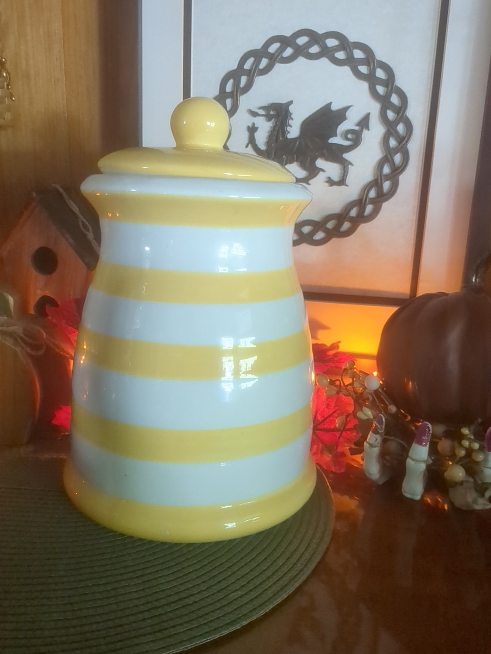 Yellow and White Striped Ceramic Canister - Home Accents